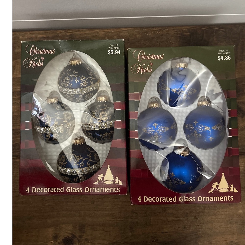 Vintage Christmas by Krebs 4 Decorated Glass Ornaments 2 Set Blue‎ Tones